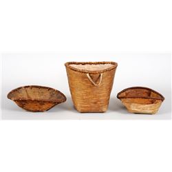 Three Athabaskan Birch Bark Baskets 7 1/2" W. - 9 1/2" W.  Fair Condition