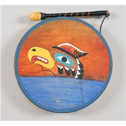 Northwest Coast Painted Drum with Thunderbird Design 16" D.  Good Condition