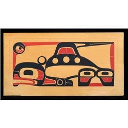 Northwest Coast Carved Yellow Cedar Panel with Killer Whale Design 22 1/2"x 43"  Good Condition