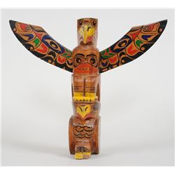 Frank Hanuse Totem Carved with Two Figures - River's Inlet, B.C. 11 1/2" H. 14 1/2" W.  Good Conditi