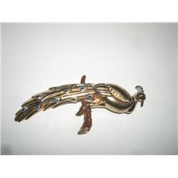 Rhinestone Gold Colored Peacock Stamped "Coro" Pin