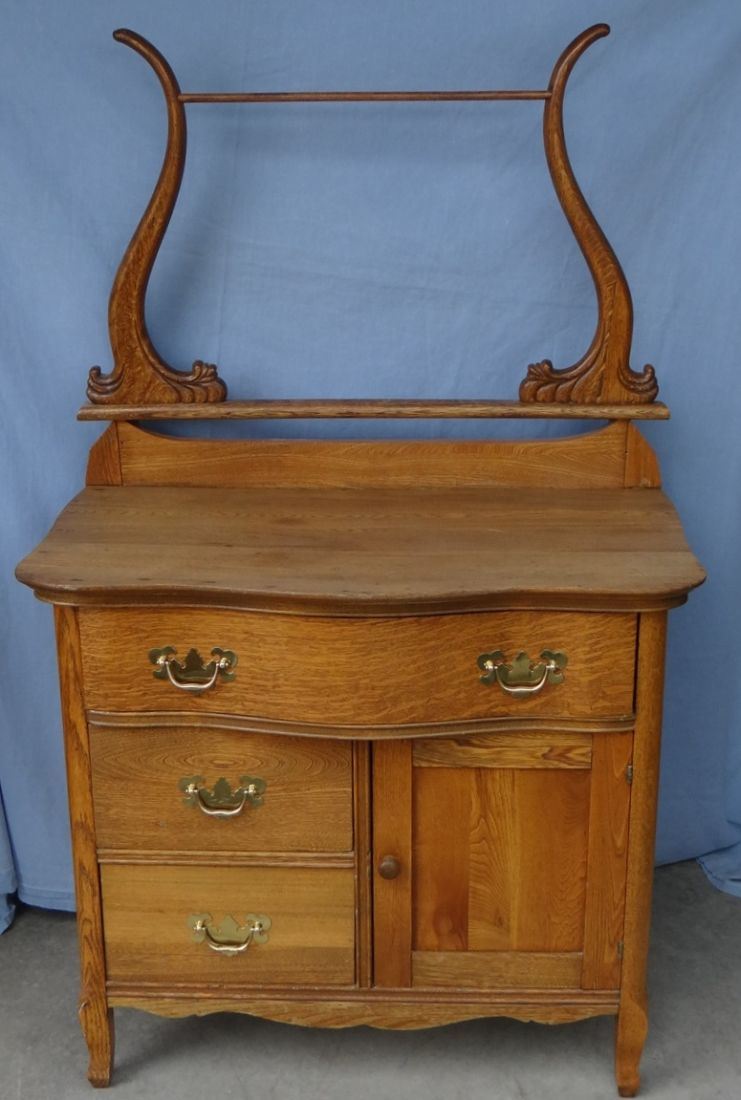 Oak commode w/towel bar, 55” h x 33” w x 20” d, nice