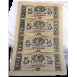 $5 UNCUT SHEET CITIZENS BANK NOTES - NEW ORLEANS