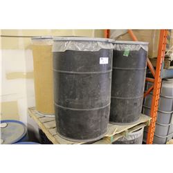 PALLET OF 4 BLACK STORAGE BARRELS WITH CONTENTS