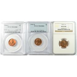 3-LINCOLN CENTS: 1936-S NGC MS-65 RED, 1942-D & 46-S, PCGS MS-65 RED