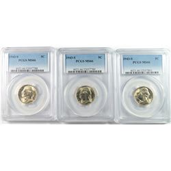 LOT OF ( 3 ) 1943-S JEFFERSON NICKELS, PCGS MS-66