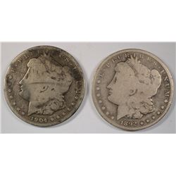MORGAN SILVER DOLLARS: 1892-S VG, & 1904-S,  GOOD  SEMI-KEY
