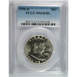 1958-D FRANKLIN HALF DOLLAR, PCGS MS-64 FBL
