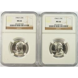 LOT OF (2 ) 1946-S WASHINGTON QUARTERS, NGC MS-66