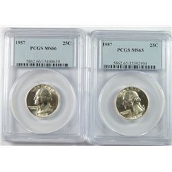 2 1957 WASHINGTON QUARTERS, PCGS MS-65 & MS-66