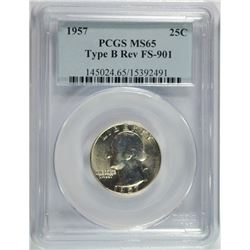 1957 WASHINGTON QUARTER, TYPE-B REVERSE FS-901, PCGS MS-65