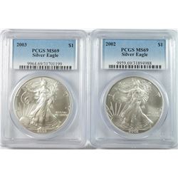 2002 & 2003 AMERICAN SILVER EAGLES, PCGS MS-69