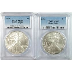 2003 & 2004 AMERICAN SILVER EAGLES, PCGS MS-69