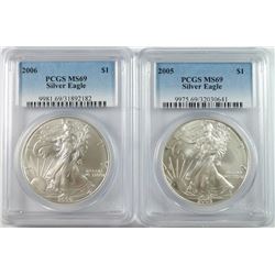 2005 & 2006 AMERICAN SILVER EAGLES, PCGS MS-69