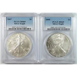 2006 & 2007 AMERICAN SILVER EAGLES, PCGS MS-69