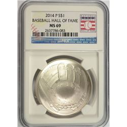 2014 BASEBALL HALL OF FAME SILVER DOLLAR, NGC MS-69