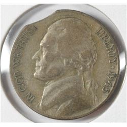1945-S JEFFERSON (WAR) NICKEL (MAJOR MINT ERROR-CURVED CLIP)