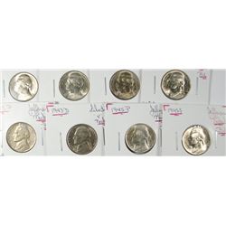 (8) JEFFERSON (WAR) NICKELS CH BU (1943, 1943-D, 1945, 5-1945-S)