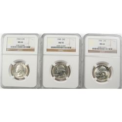 1944-S WASHINGTON QUARTER NGC MS-64, 1945 WASHINGTON QUARTER NGC AU-55 & 1946 WA