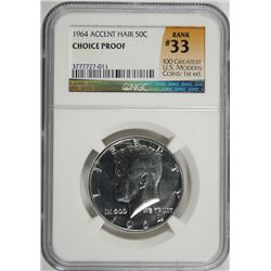 1964 PROOF KENNEDY HALF DOLLAR (ACCENT HAIR) NGC CH PF (RANK #33 100 GREATEST US