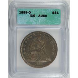 1859-O SEATED DOLLAR ICG AU-50