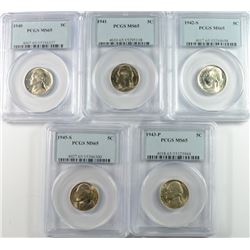 LOT OF ( 5 ) JEFFERSON NICKELS, PCGS MS-65: 1940, 41, 42-S, 43-P & 45-S