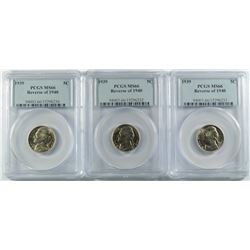 LOT OF ( 3 ) 1939 REVERSE OF 1940 JEFFERSON NICKELS, PCGS MS-66