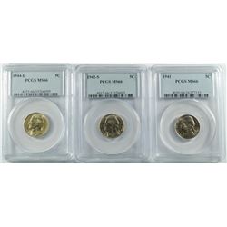 ( 3 ) JEFFERSON NICKELS PCGS GRADED MS-66: 1941, 1942-S & 1944-D