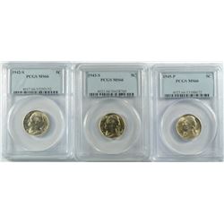 ( 3 ) JEFFERSON NICKELS PCGS GRADED MS-66: 1942-S, 1943-S & 1945-P