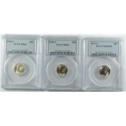 ( 3 ) PCGS GRADED ROOSEVELT DIMES: 1949-S MS-66, 1952-S MS-66 & 1953-S MS-65 FB