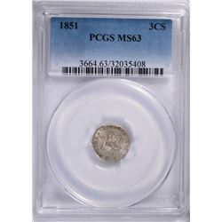 1851 3-CENT SILVER, PCGS MS-63  NICE!!  STRONG AUCTION RECORDS!