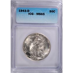 1943-D WALKING LIBERTY HALF DOLLAR, ICG MS-65