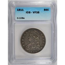 1811 CAPPED BUST HALF DOLLAR O-108 A, ICG VF-35