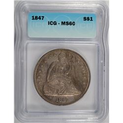 1847 SEATED LIBERTY HALF DOLLAR, ICG MS-60  TOUGH COIN!!