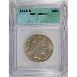 1915-S BARBER HALF DOLLAR, ICG MS-63  BLAST WHITE  NICE!!