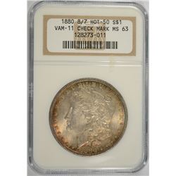 1880 8/7 MORGAN SILVER DOLLAR, HOT-50 VAM-11 "CHECK MARK" NGC MS-63