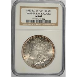 1880 8/7-O TOP-100 MORGAN SILVER DOLLAR, VAM-6A EAR & GOUGE, NGC MS-62