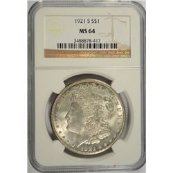 1921-S MORGAN SILVER DOLLAR, NGC MS-64