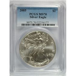 2005 AMERICAN SILVER EAGLE, PCGS MS-70 RARE LISTS IN PCGS PRICE GUIDE AT $700.00
