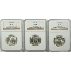 1946-D WASHINGTON QUARTER NGC MS-63, 1947 WASHINGTON QUARTER NGC MS-64 & 1948-D