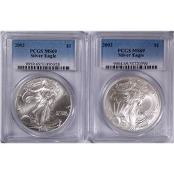 2002 & 2003 AMERICAN SILVER EAGLES, PCGS MS-69