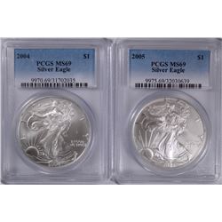 2004 & 2005 AMERICAN SILVER EAGLES, PCGS MS-69