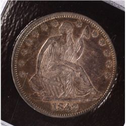 1842 SEATED HALF DOLLAR, AU-53 NICE ORIGINAL COIN, DATE IS TRIPLE PUNCHED