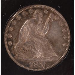 1857-O SEATED HALF DOLLAR, AU-50  NICE ORIGINAL COIN, TWO MINOR RIM BUMPS
