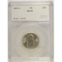 1923-S STANDING LIBERTY QUARTER, SEGS MS-65 FULL HEAD! BLAST WHITE!!