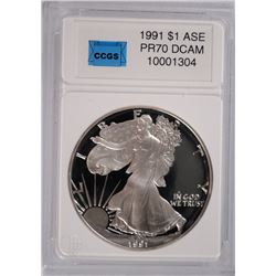1991 AMERICAN SILVER EAGLE, CCGS PROOF-70 DCAM