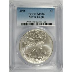 2005 AMERICAN SILVER EAGLE, PCGS MS-70 RARE LISTS IN PCGS PRICE GUIDE AT $700.00