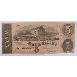 1864 $5 CONFEDERATE STATES OF AMERICA NOTE (T-69) XF/AU