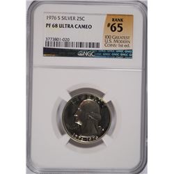 1976-S SILVER PROOF QUARTER NGC PF-68 UC (RANK #65 100 GREATEST MODERN COINS 1ST