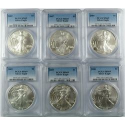2002, 2003, 2004, 2005, 2006 & 2007 AMERICAN SILVER EAGLES, ALL PCGS MS-69!